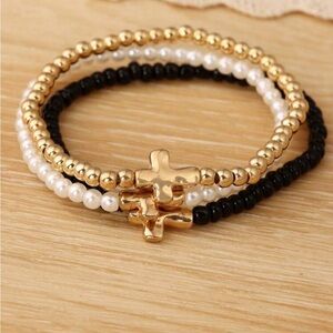 Elegant Gold Pearl and Black Beaded Bracelet Set with cross